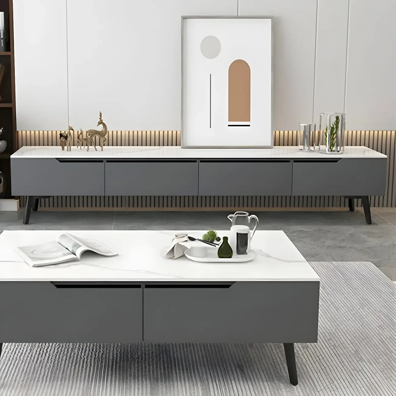 Modern Stone TV Stand with Soft Closing Drawers for Living Room Image - 4