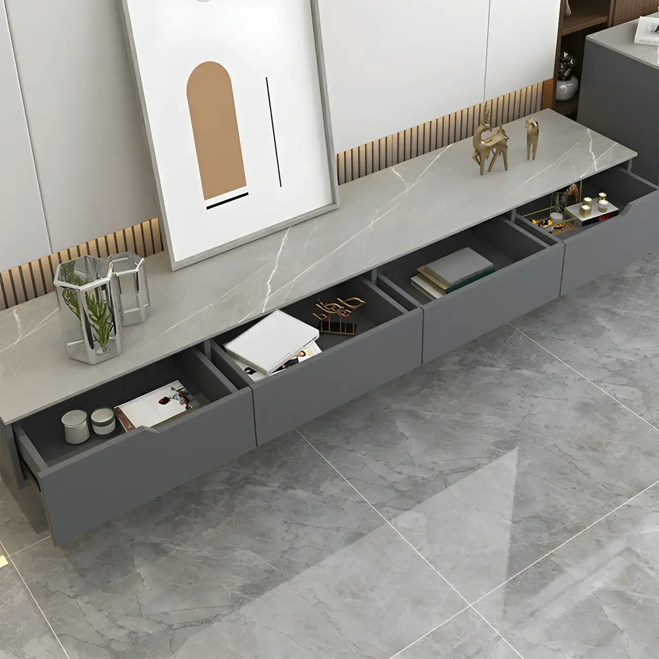 Modern Stone TV Stand with Soft Closing Drawers for Living Room Image - 6
