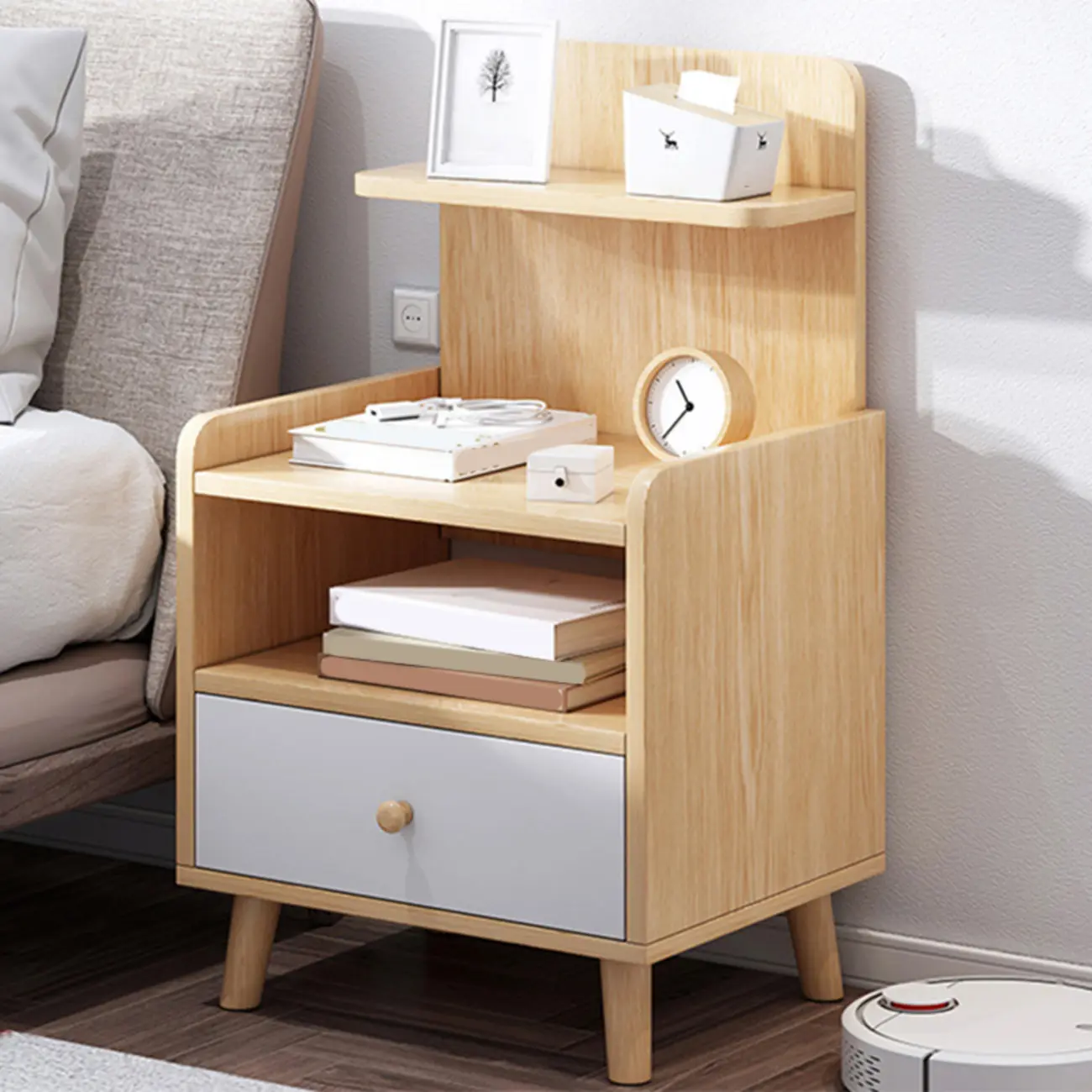 Modern Wood Nightstand with Open Storage Shelf Image - 2 | homeyfad