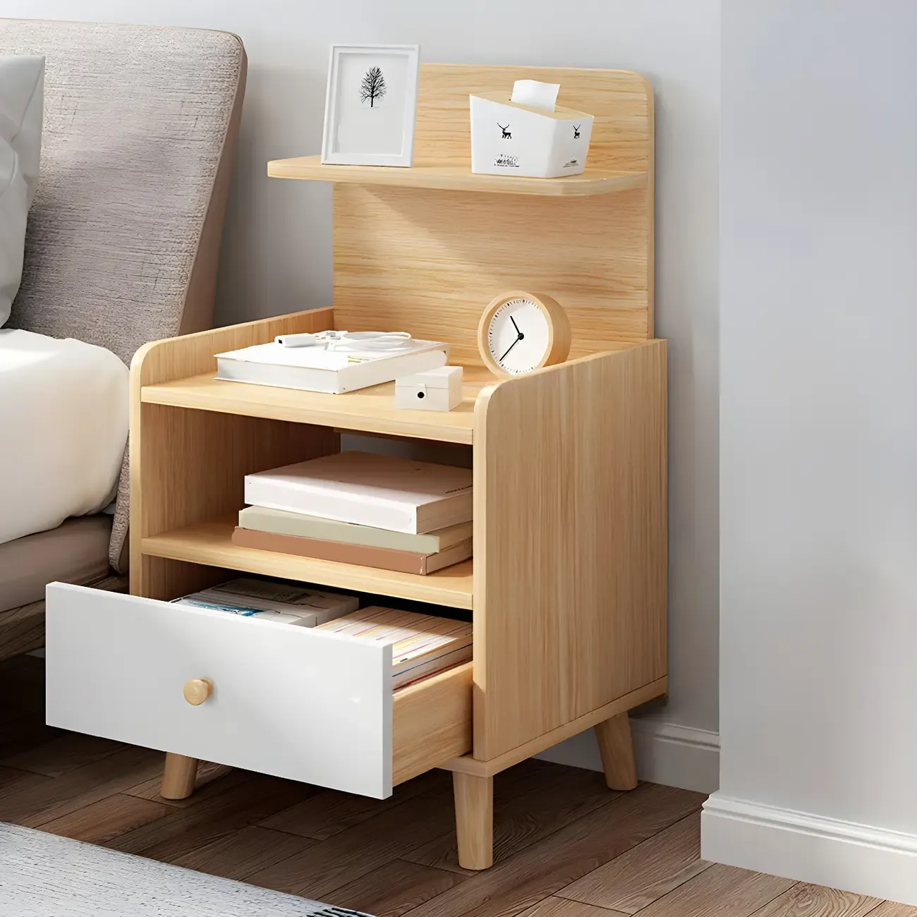Modern Wood Nightstand with Open Storage Shelf Image - 3