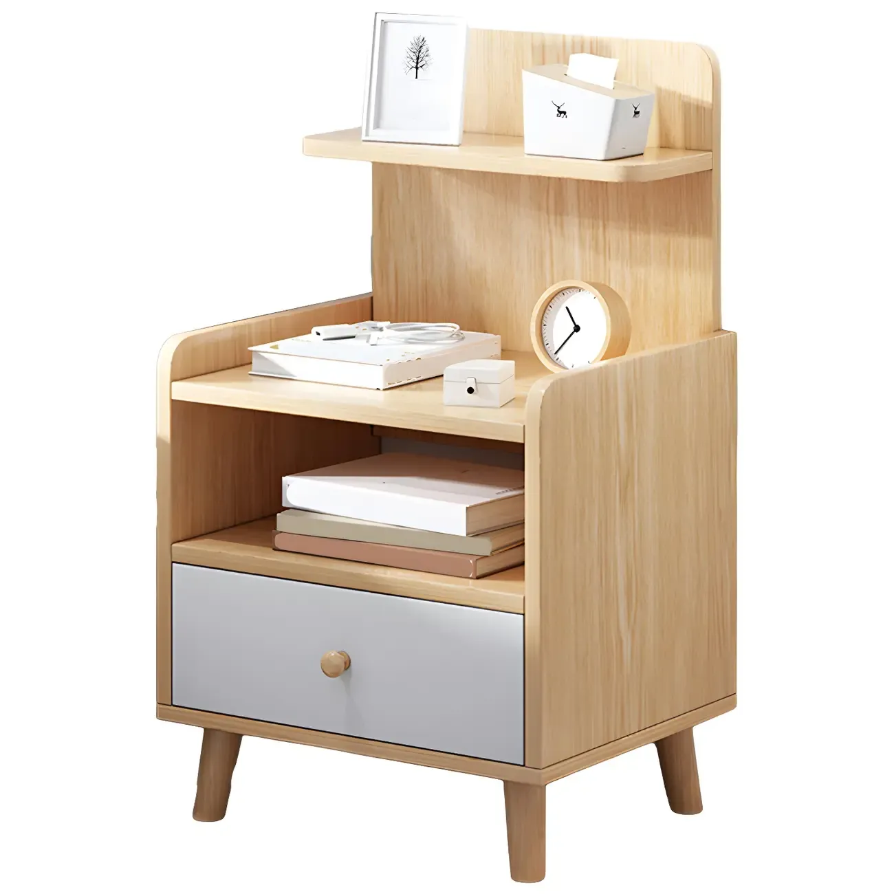 Modern Wood Nightstand with Open Storage Shelf Image - 4