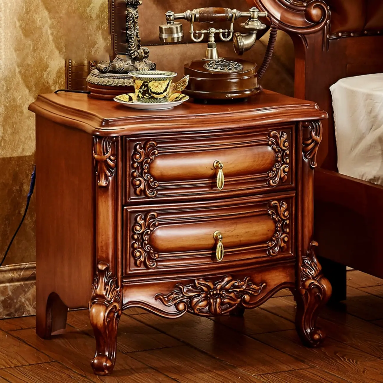 Traditional Brown Carved Wood 2-Drawer Standard Nightstand Image - 1 | homeyfad