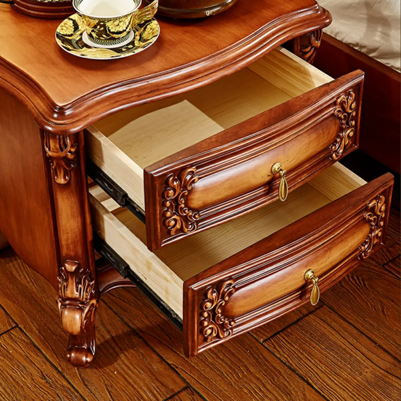Traditional Brown Carved Wood 2-Drawer Standard Nightstand Image - 3 | homeyfad