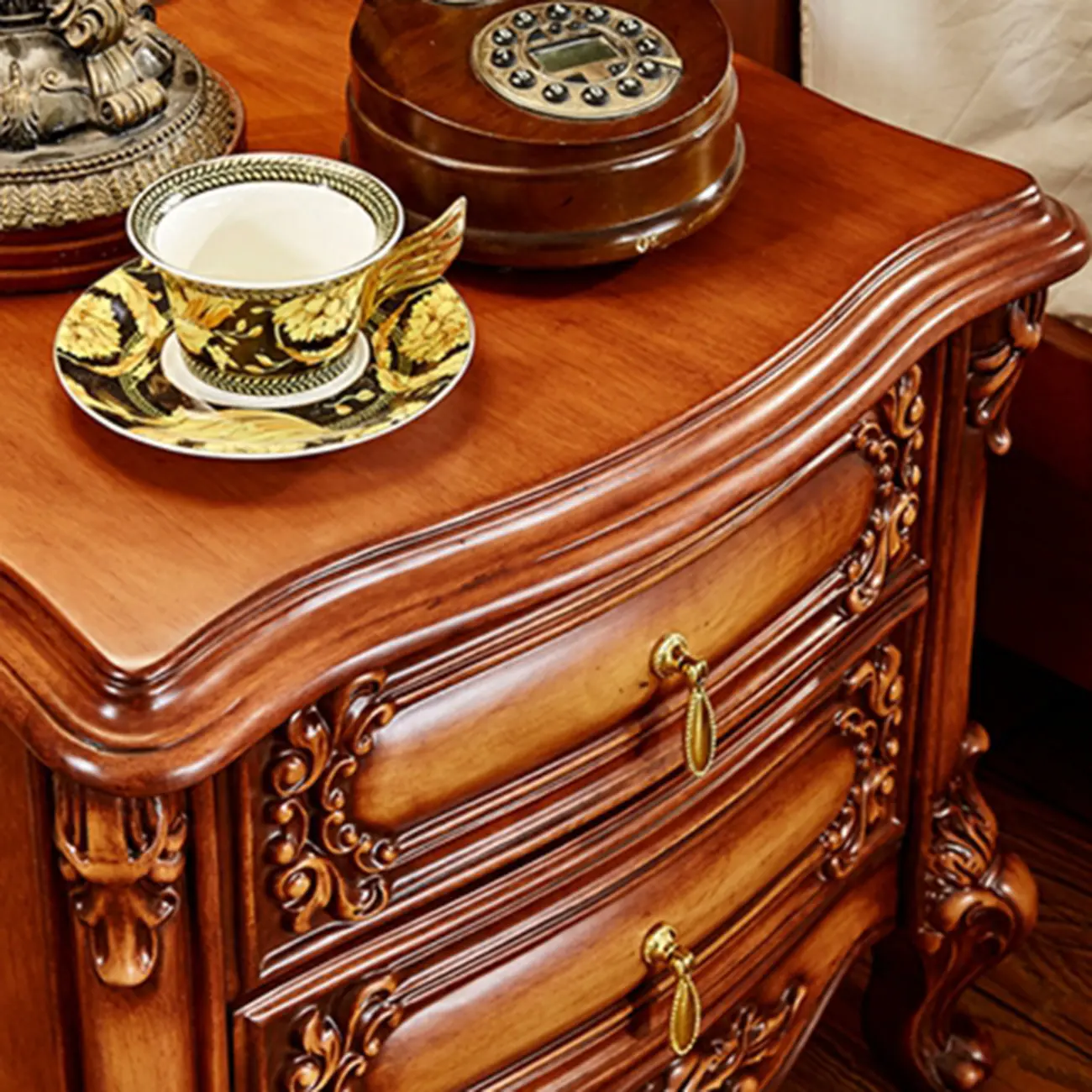 Traditional Brown Carved Wood 2-Drawer Standard Nightstand Image - 4 | homeyfad