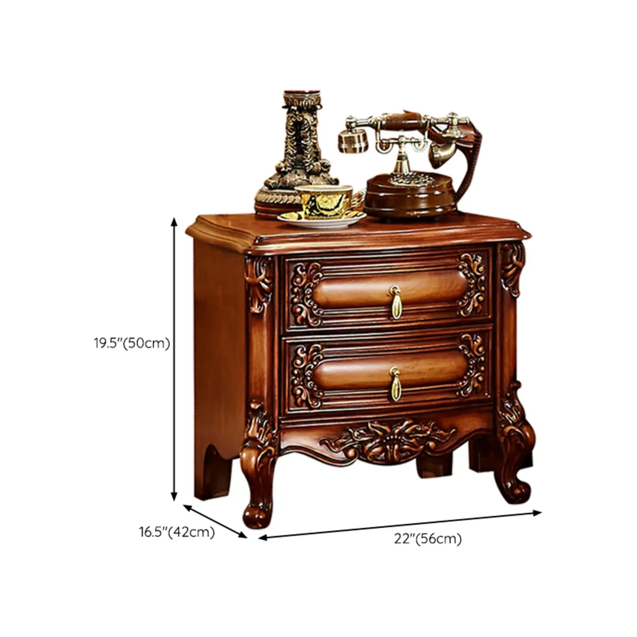 Traditional Brown Carved Wood 2-Drawer Standard Nightstand #size
