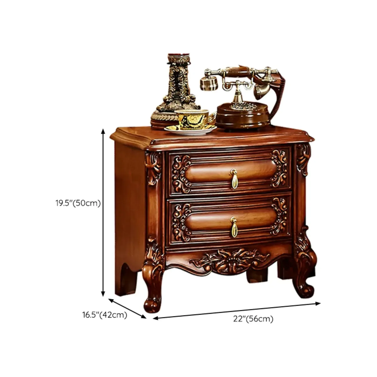 Traditional Brown Carved Wood 2-Drawer Standard Nightstand #size