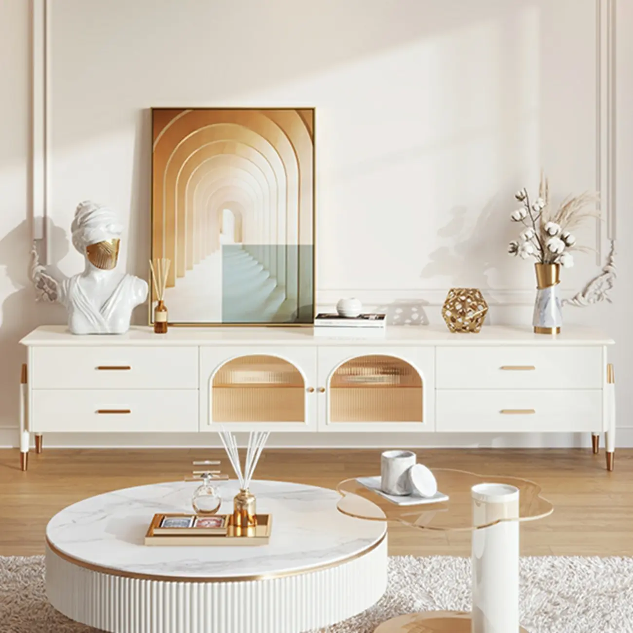 Modern White Wooden Juliet Arc TV Stand with Open Storage Image - 1 | homeyfad