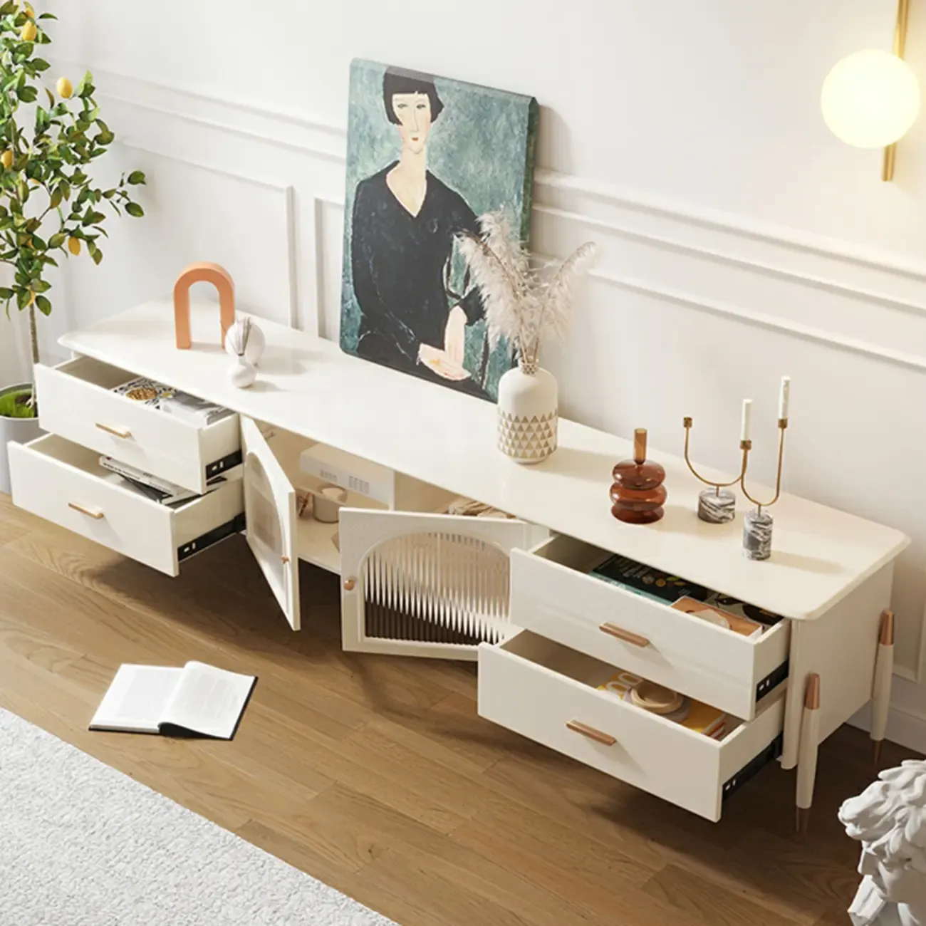 Modern White Wooden Juliet Arc TV Stand with Open Storage Image - 4