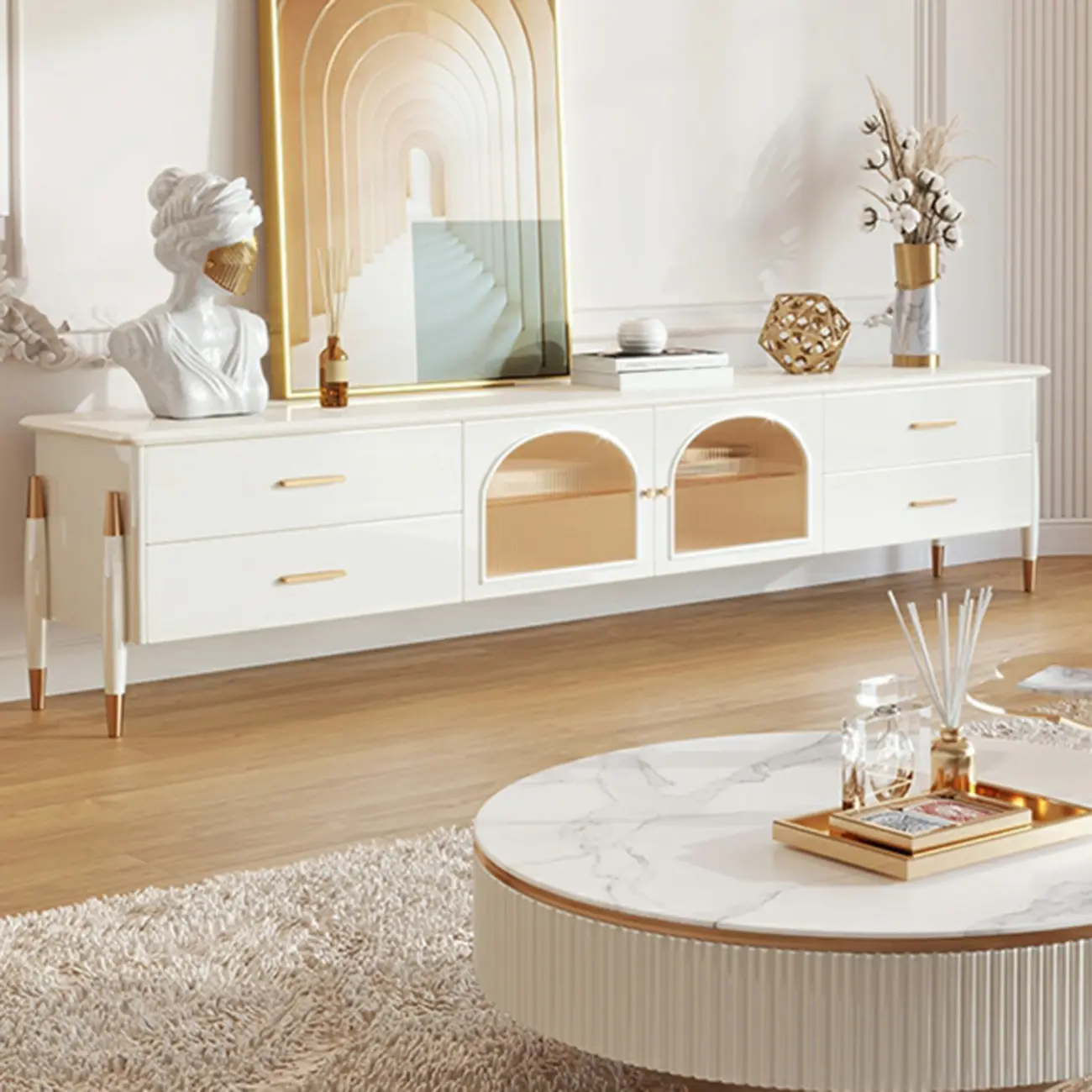 Modern White Wooden Juliet Arc TV Stand with Open Storage Image - 3 | homeyfad