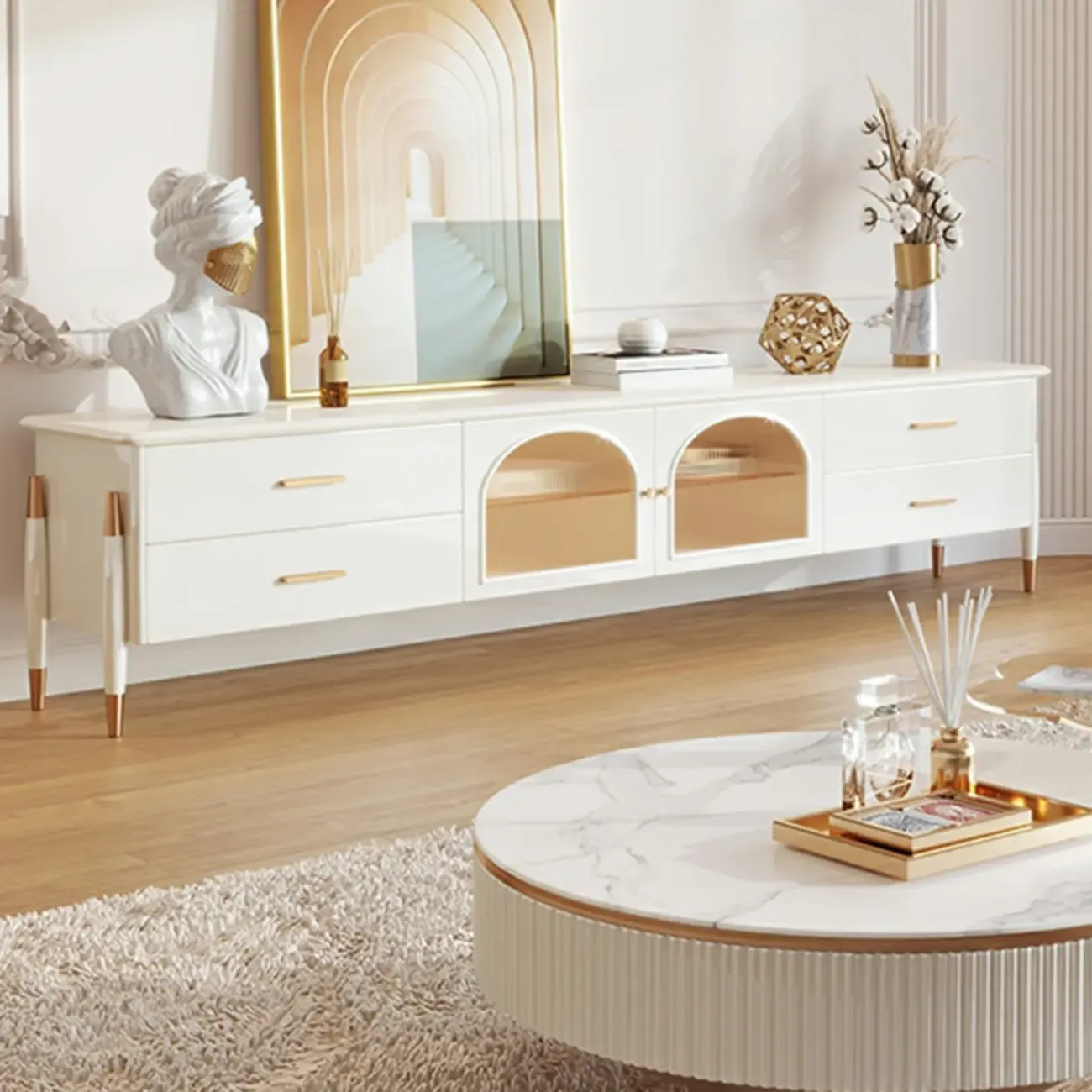 Modern White Wooden Juliet Arc TV Stand with Open Storage Image - 3