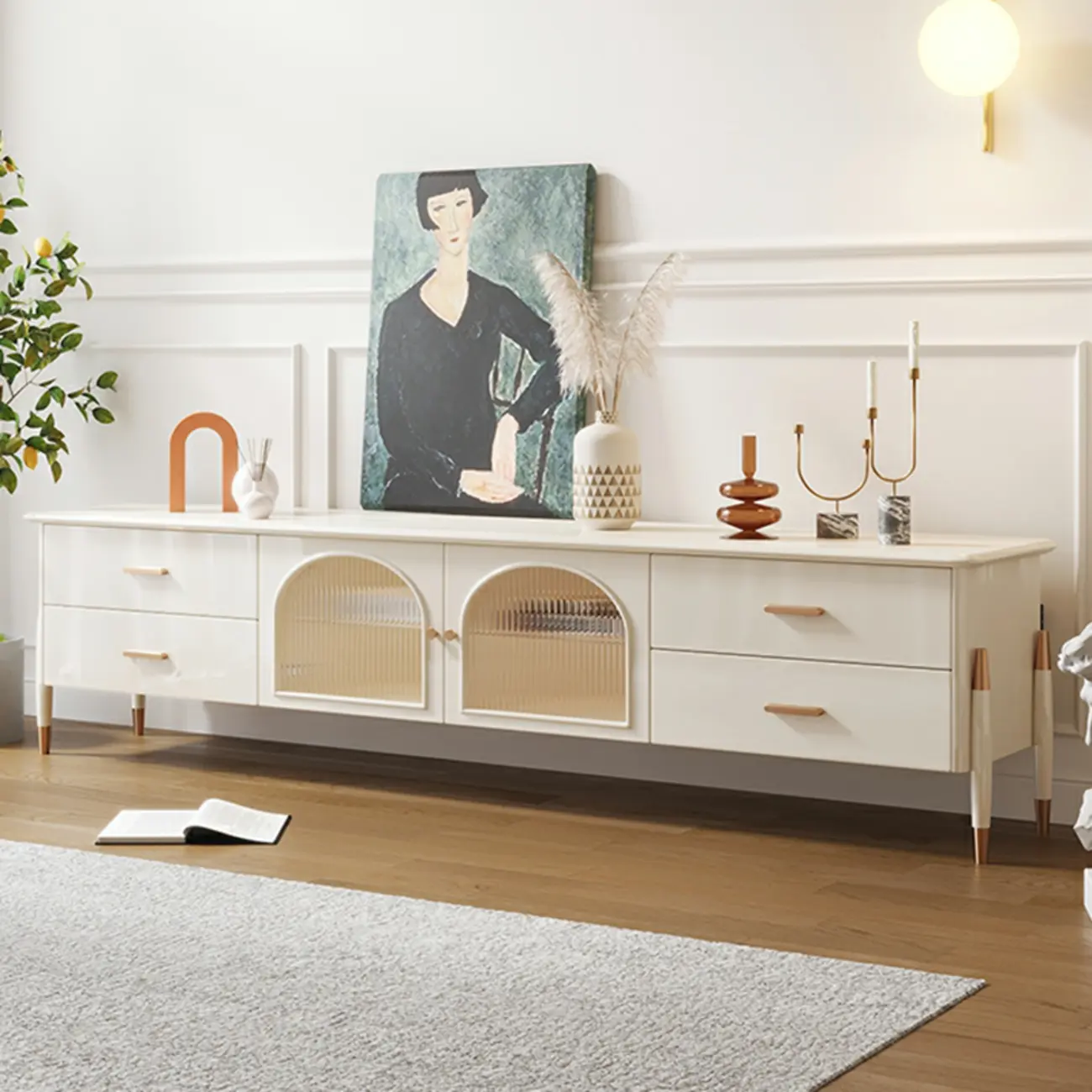 Modern White Wooden Juliet Arc TV Stand with Open Storage Image - 2 | homeyfad