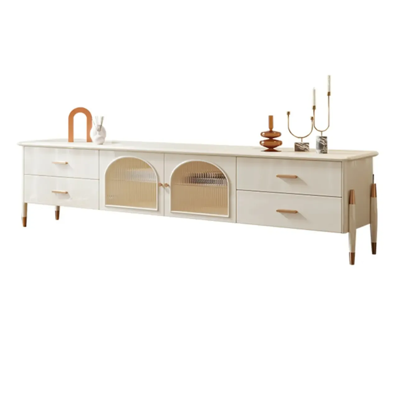 Modern White Wooden Juliet Arc TV Stand with Open Storage Image - 5