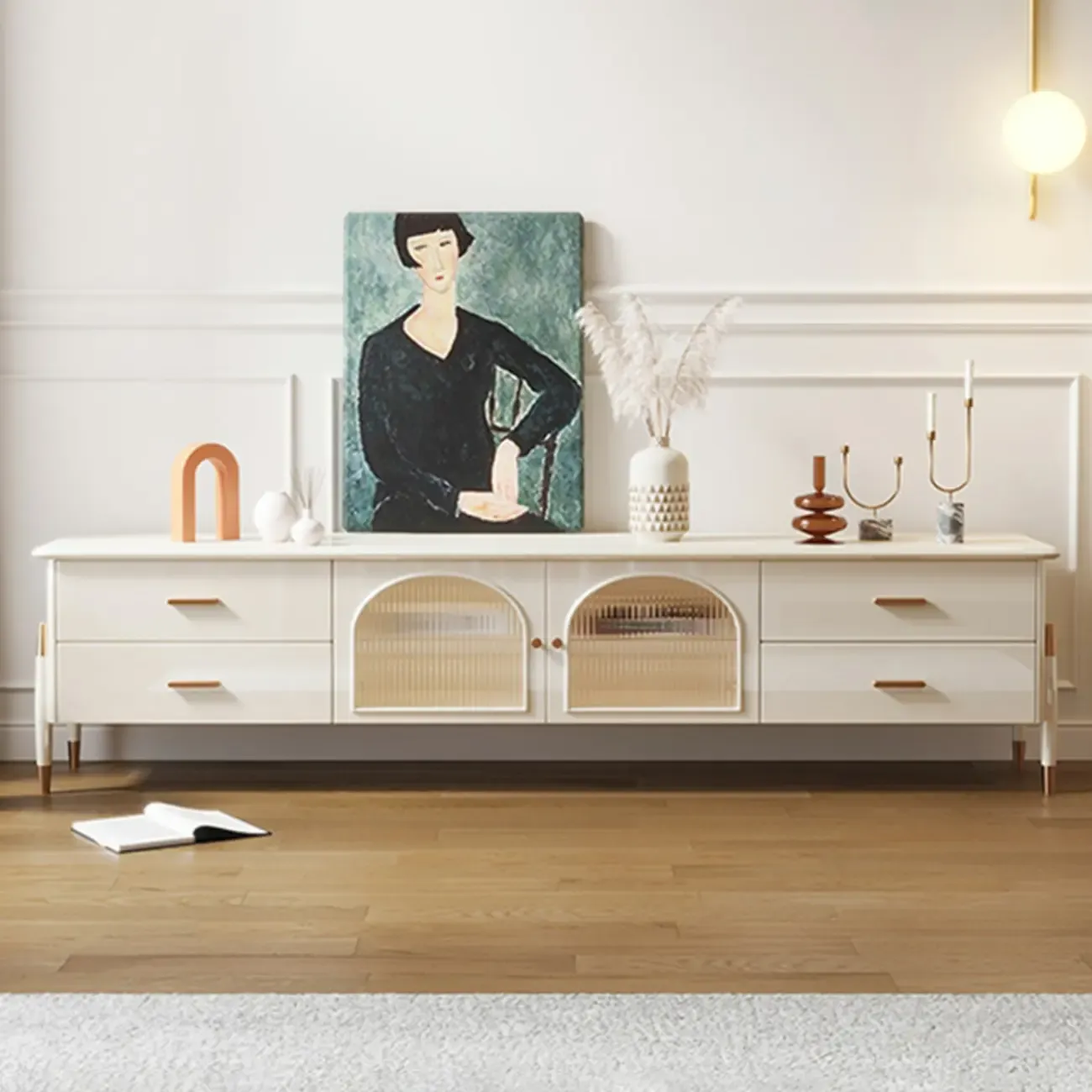 Modern White Wooden Juliet Arc TV Stand with Open Storage Image - 10