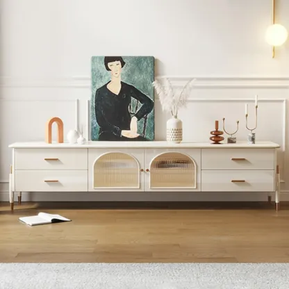 Modern White Wooden Juliet Arc TV Stand with Open Storage Image - 10