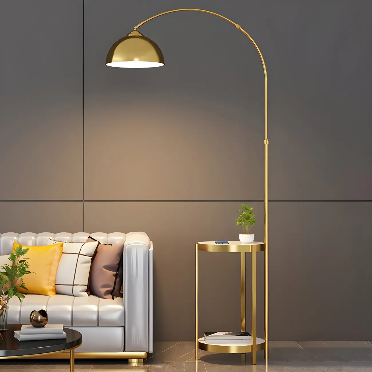 Modern Adjustable Height Metal Arc Floor Lamp with Storage Shelf Image - 3