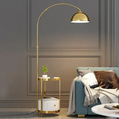 Modern Adjustable Height Metal Arc Floor Lamp with Storage Shelf Image - 4