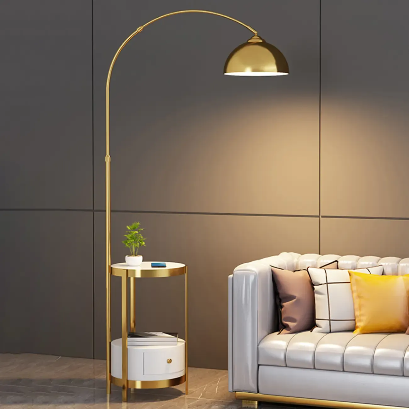 Modern Adjustable Height Metal Arc Floor Lamp with Storage Shelf Image - 6