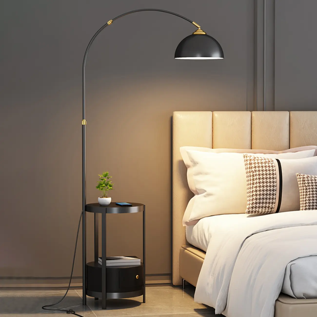 Modern Adjustable Height Metal Arc Floor Lamp with Storage Shelf Image - 7 | homeyfad