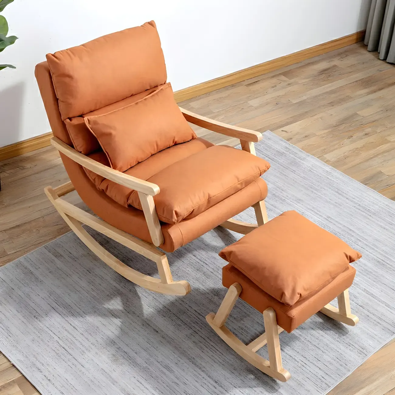 Upholstered Wooden Rocking Chair with Ottoman for Indoor Image - 1
