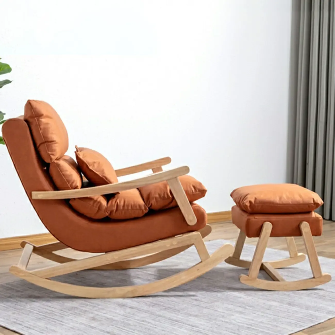 Upholstered Wooden Rocking Chair with Ottoman for Indoor Image - 2
