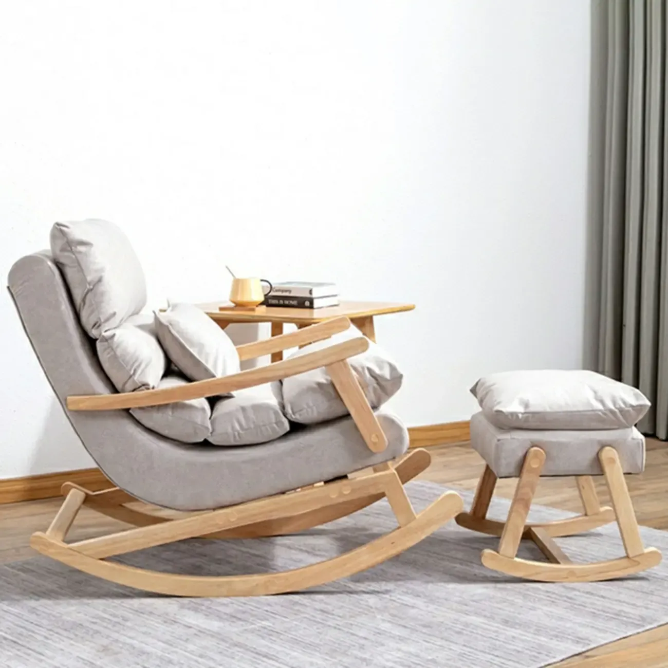 Upholstered Wooden Rocking Chair with Ottoman for Indoor Image - 7