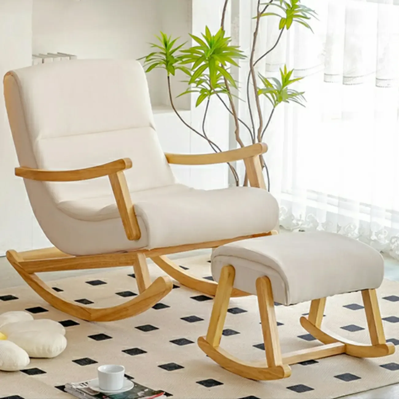 Upholstered Wooden Rocking Chair with Ottoman for Indoor Image - 11
