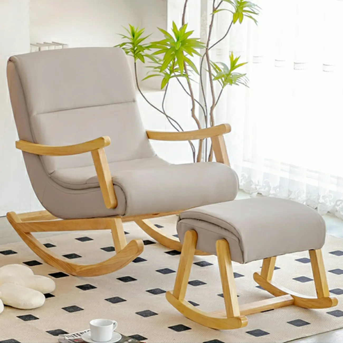Upholstered Wooden Rocking Chair with Ottoman for Indoor Image - 12 | homeyfad