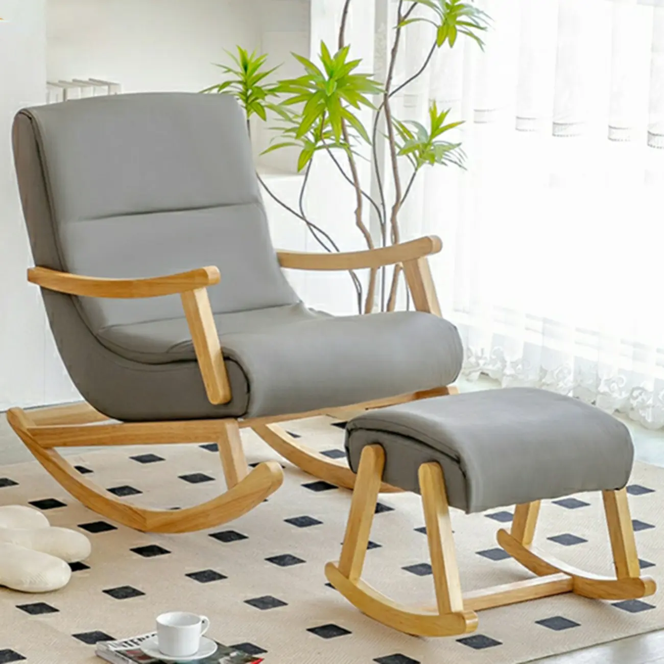 Upholstered Wooden Rocking Chair with Ottoman for Indoor Image - 13 | homeyfad
