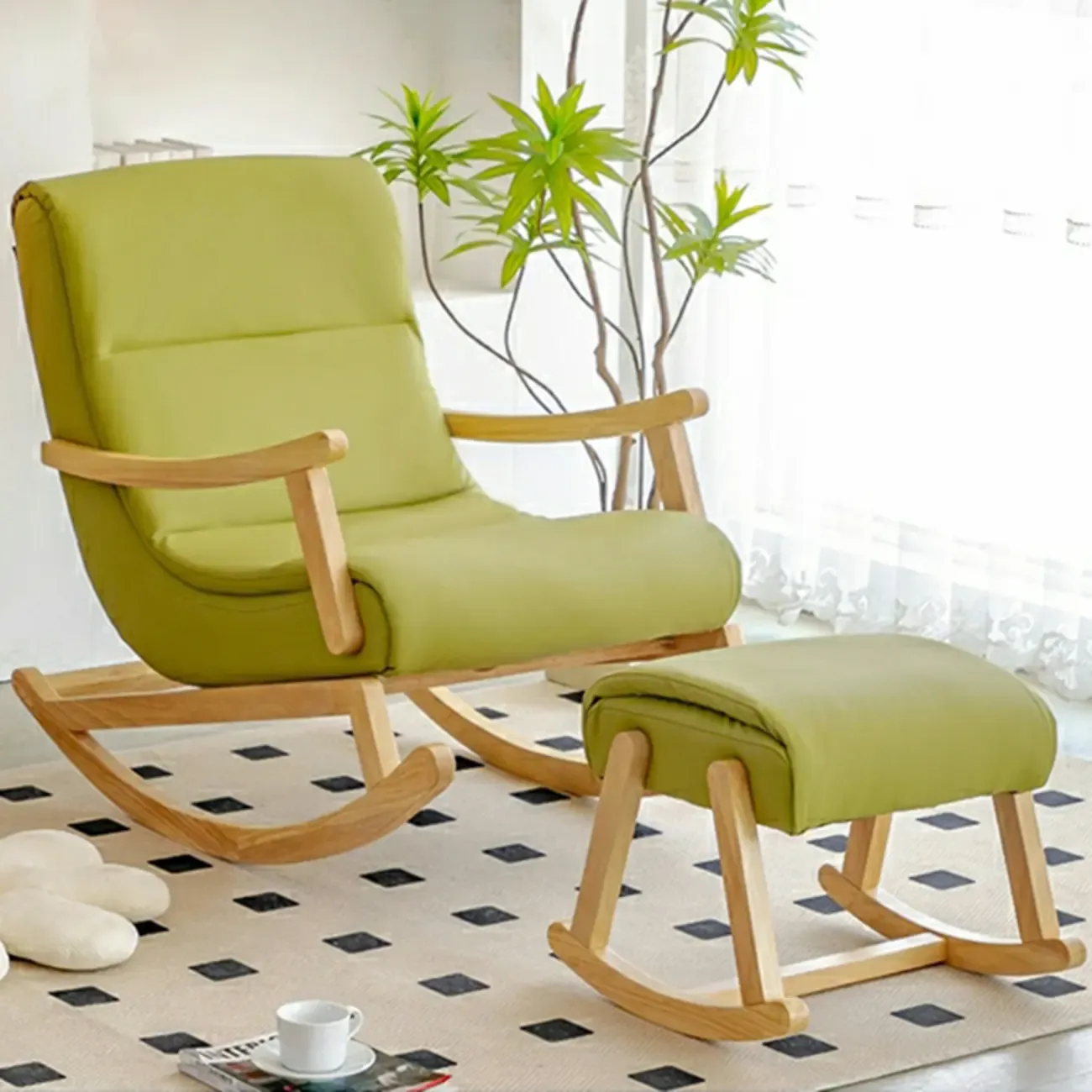 Upholstered Wooden Rocking Chair with Ottoman for Indoor Image - 14