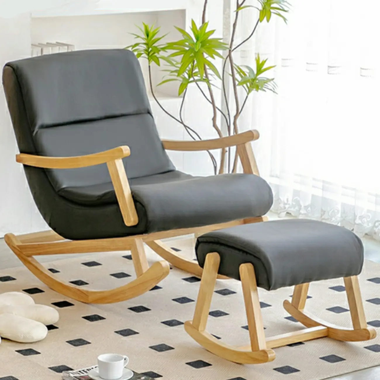 Upholstered Wooden Rocking Chair with Ottoman for Indoor Image - 15 | homeyfad