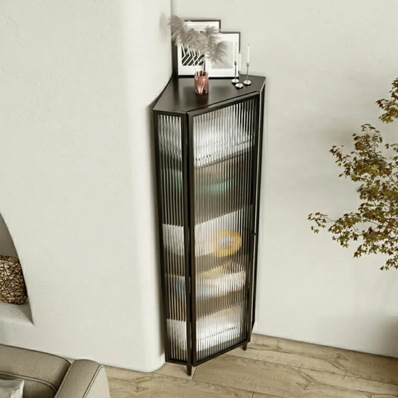 Modern Iron White Fluted Glass Storage Corner Cabinet Image - 4