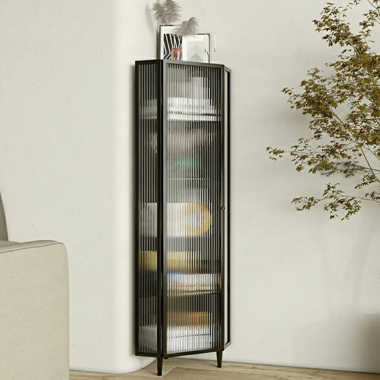 Modern Iron White Fluted Glass Storage Corner Cabinet Image - 3