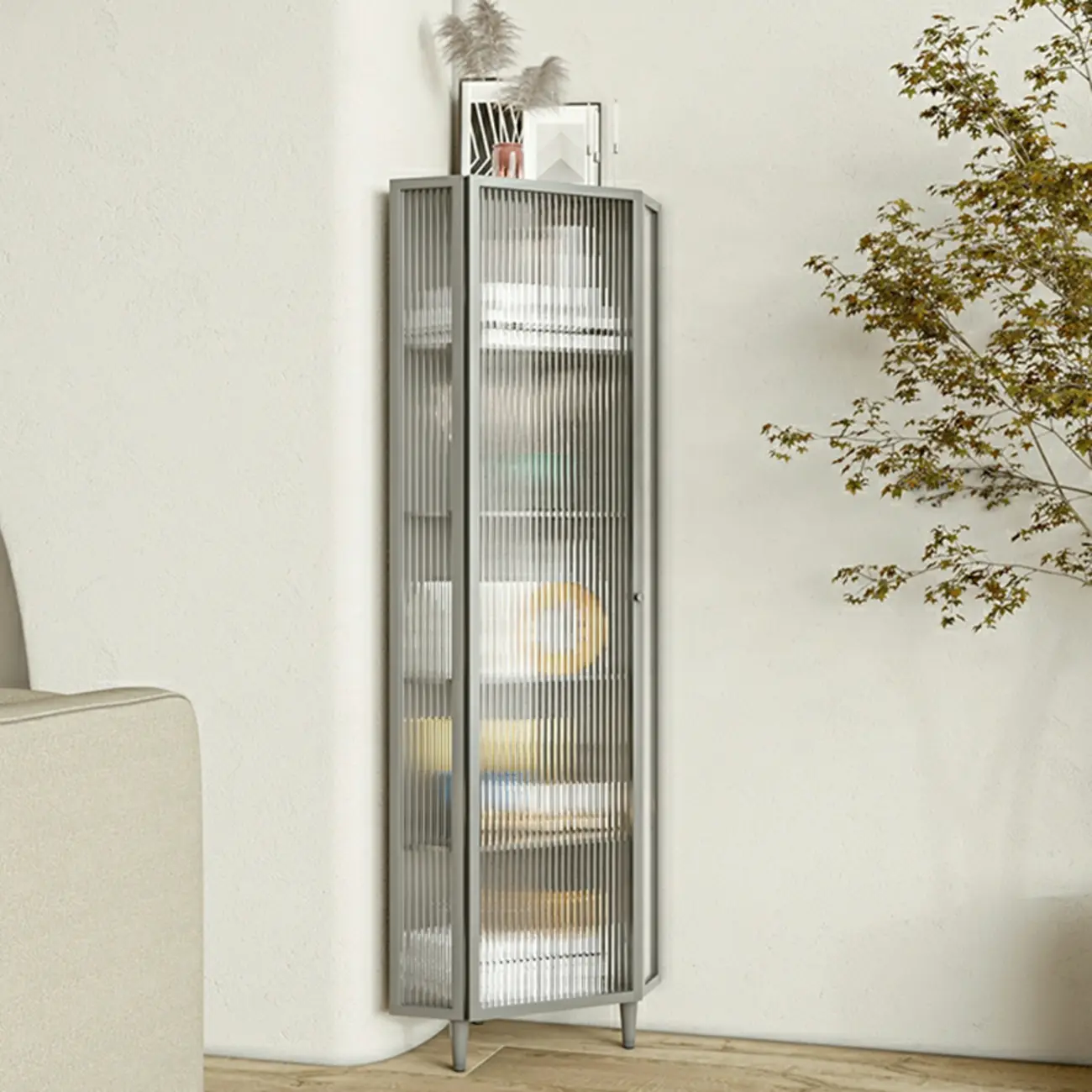 Modern Iron White Fluted Glass Storage Corner Cabinet Image - 2 | homeyfad