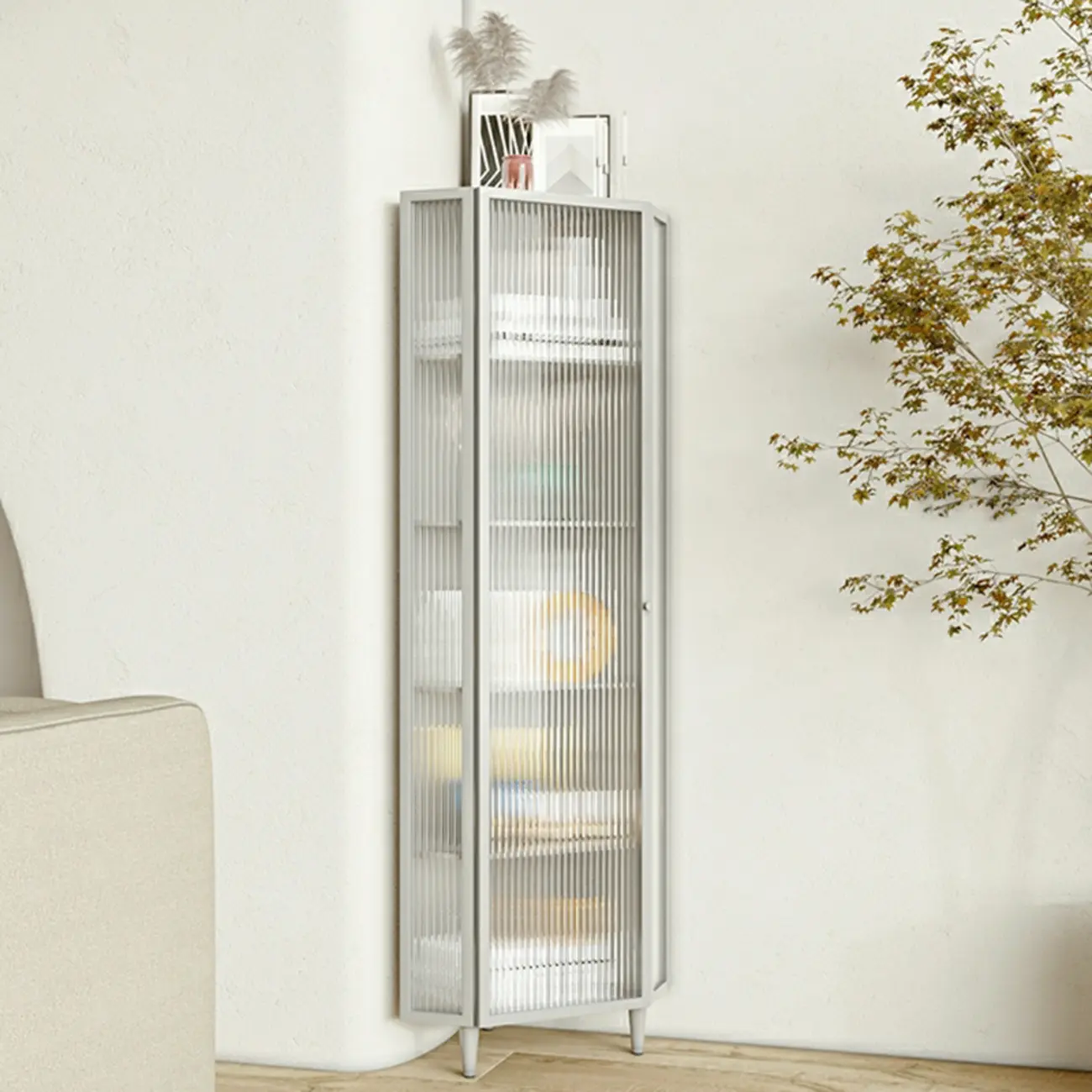 Modern Iron White Fluted Glass Storage Corner Cabinet Image - 1 | homeyfad