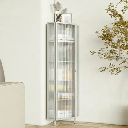 Modern Iron White Fluted Glass Storage Corner Cabinet Image - 1