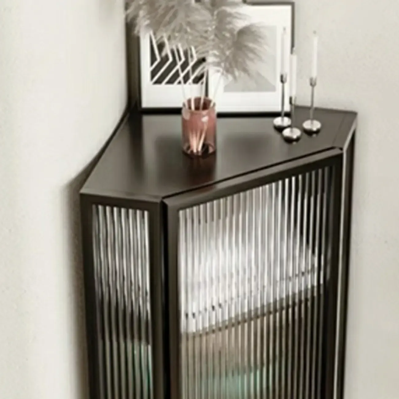 Modern Iron White Fluted Glass Storage Corner Cabinet Image - 8