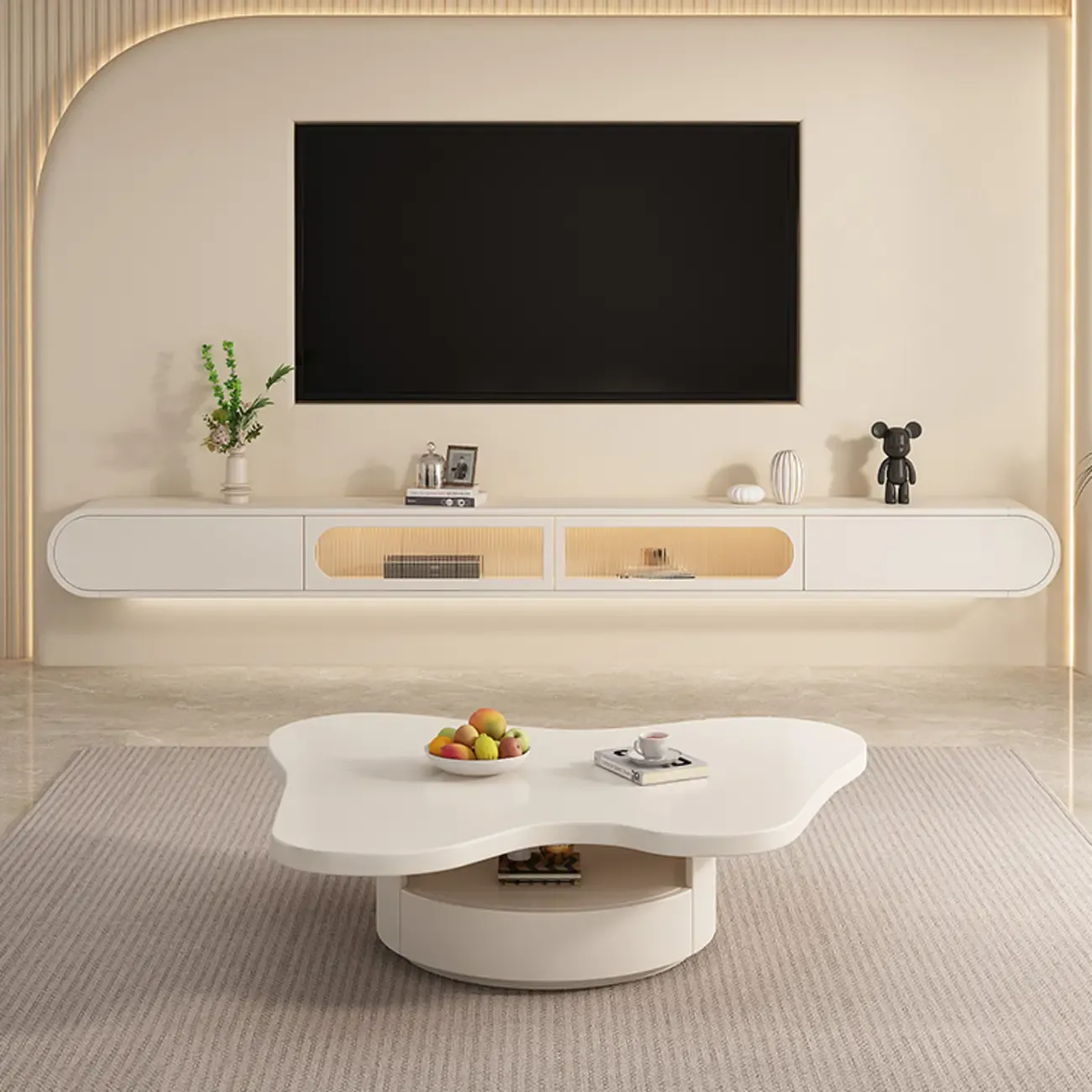 Glam Beige Wooden Mueble Flotante Para TV Stand with Drawers Image - 1