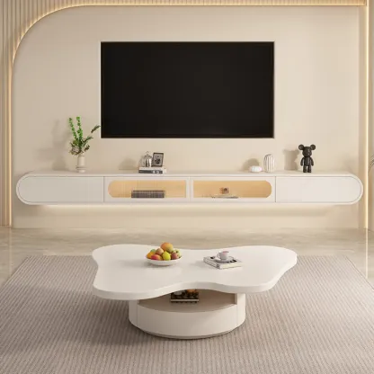 Glam Beige Wooden Mueble Flotante Para TV Stand with Drawers Image - 1