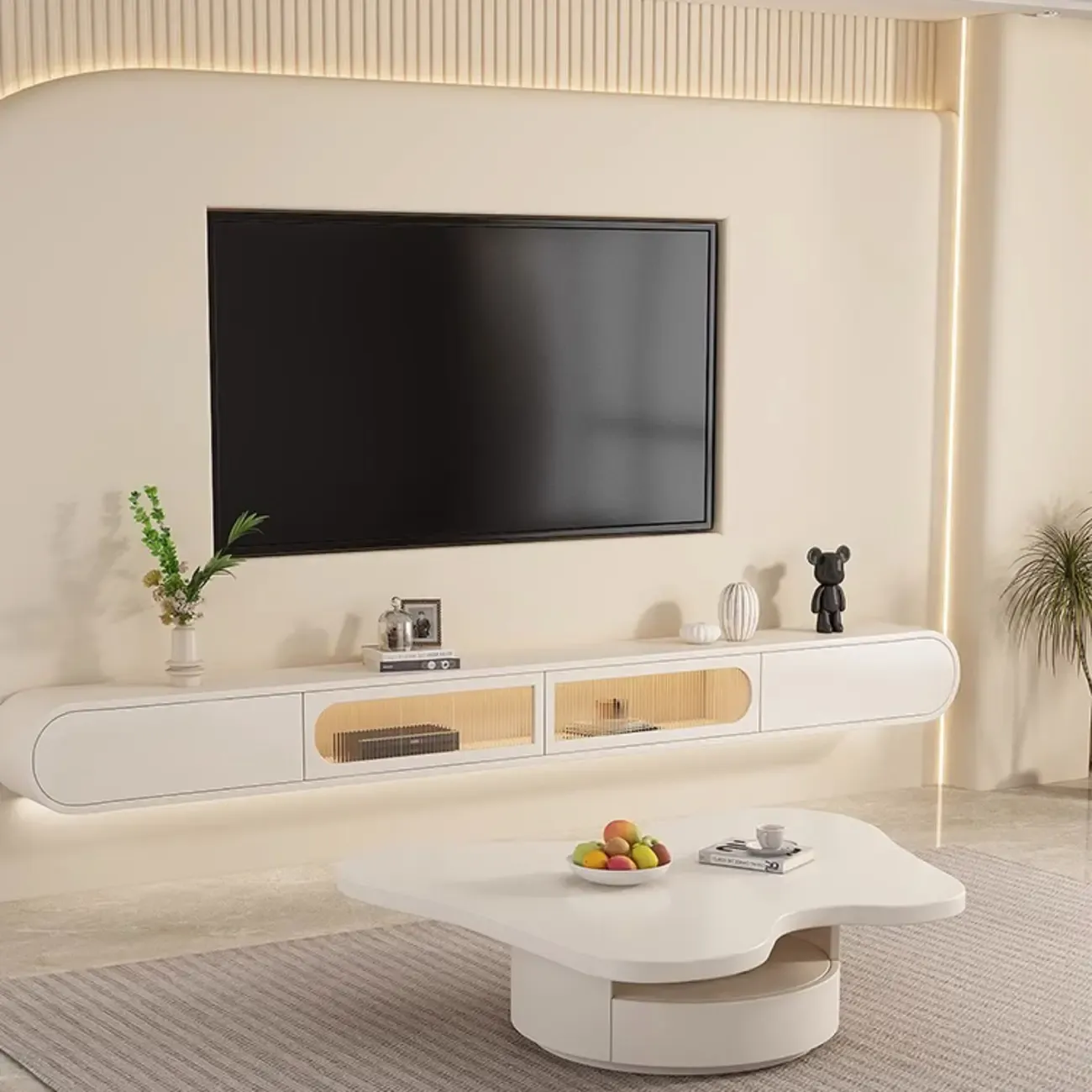 Glam Beige Wooden Mueble Flotante Para TV Stand with Drawers Image - 3