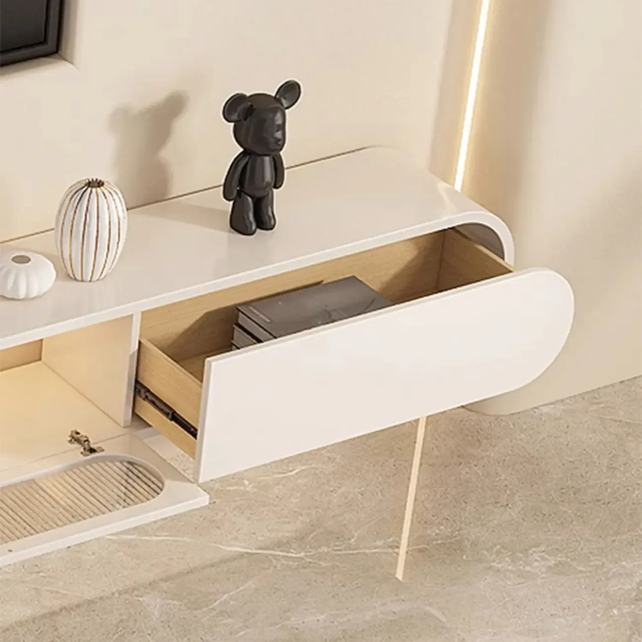 Glam Beige Wooden Mueble Flotante Para TV Stand with Drawers Image - 7