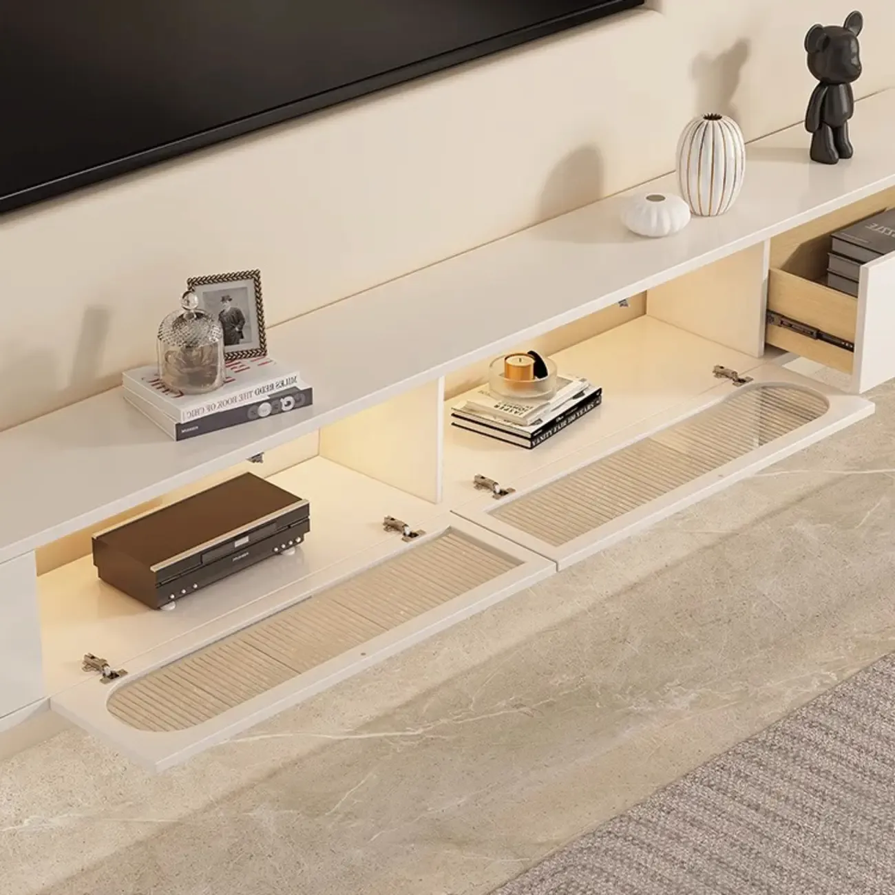 Glam Beige Wooden Mueble Flotante Para TV Stand with Drawers Image - 8