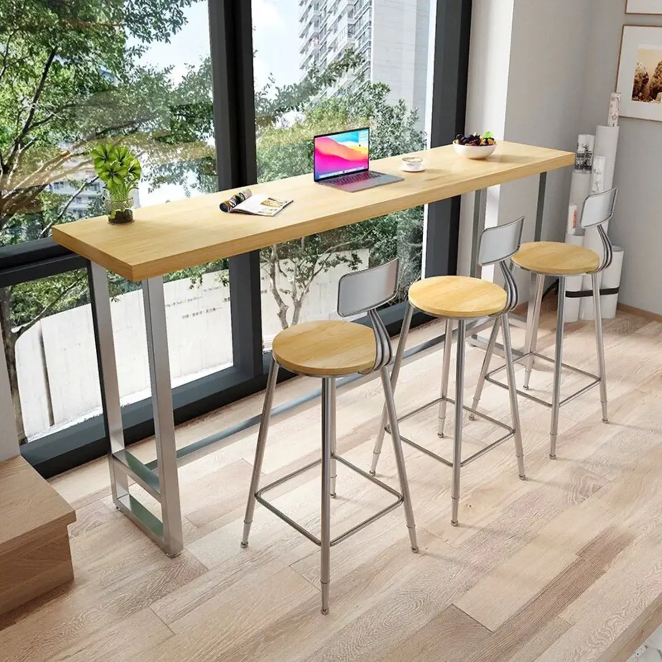 Modern Rustic Pine Wood Top Iron Base Bar Table Image - 1 | homeyfad