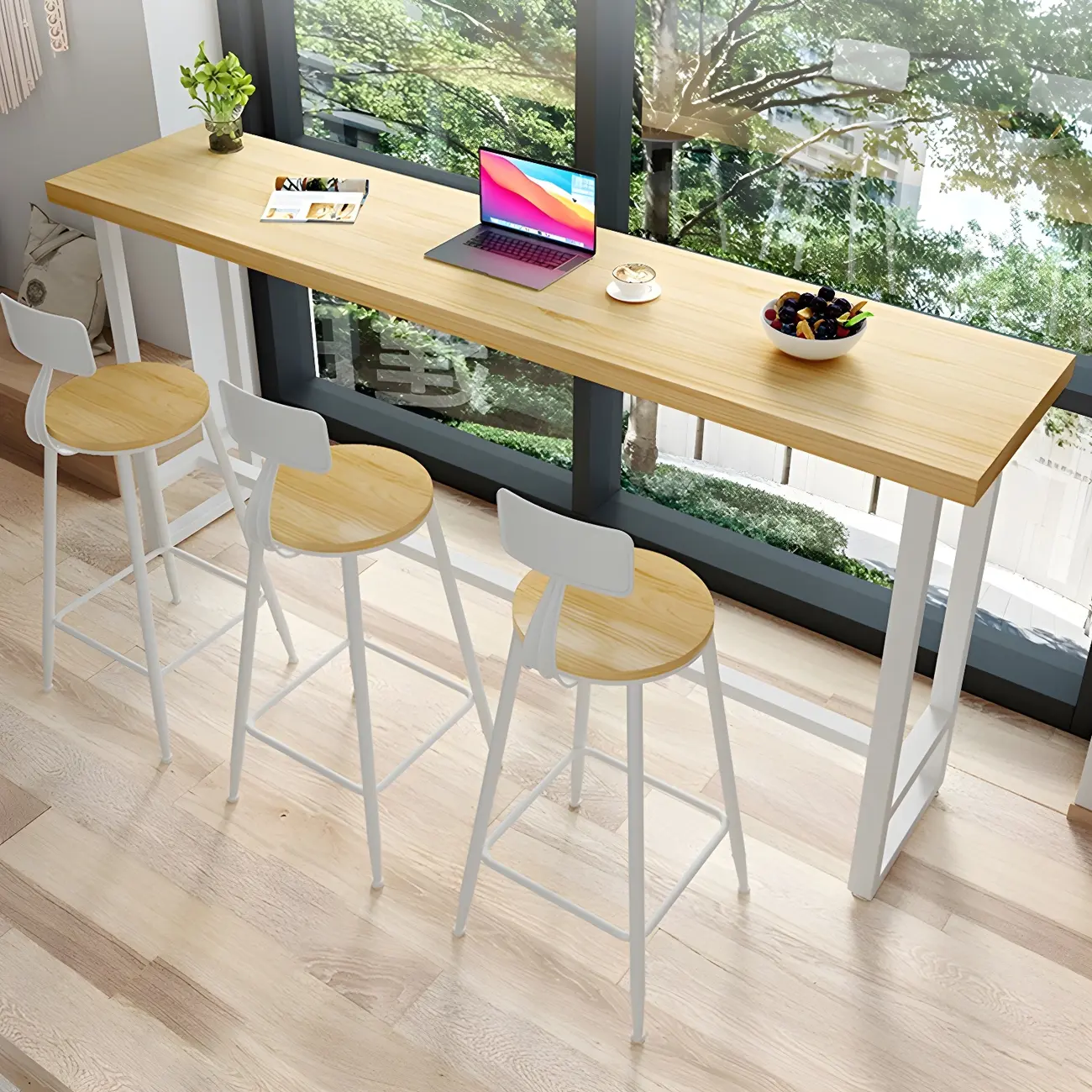 Modern Rustic Pine Wood Top Iron Base Bar Table Image - 2 | homeyfad