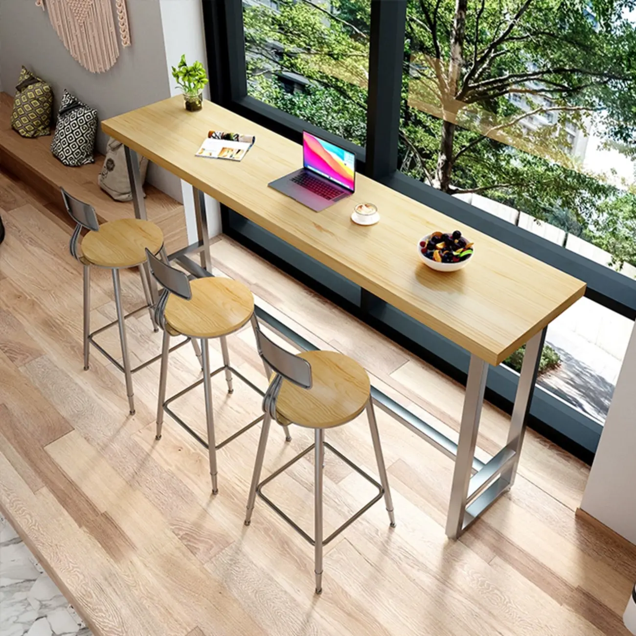 Modern Rustic Pine Wood Top Iron Base Bar Table Image - 3 | homeyfad