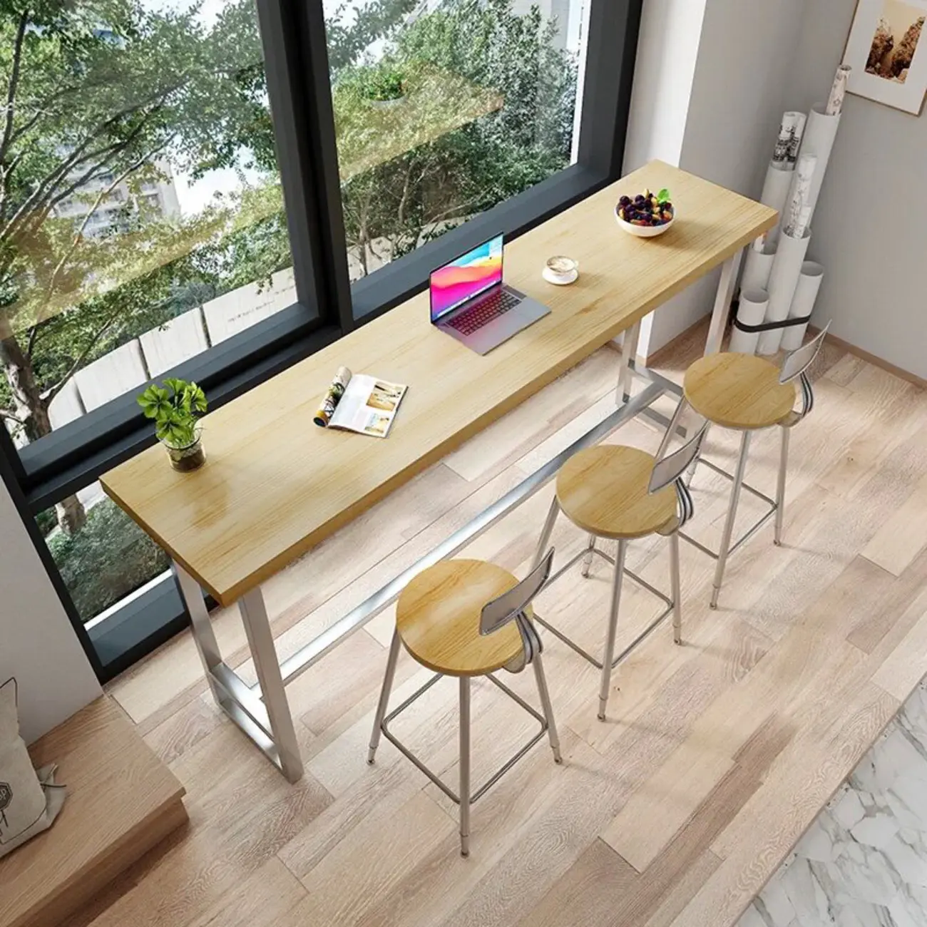 Modern Rustic Pine Wood Top Iron Base Bar Table Image - 5 | homeyfad