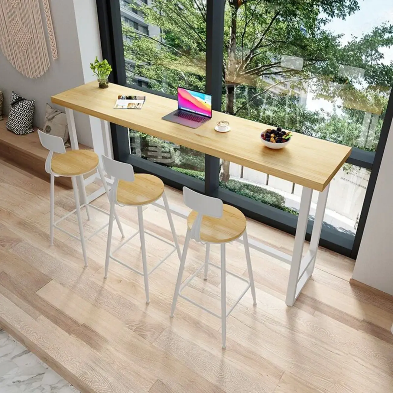 Modern Rustic Pine Wood Top Iron Base Bar Table Image - 6 | homeyfad