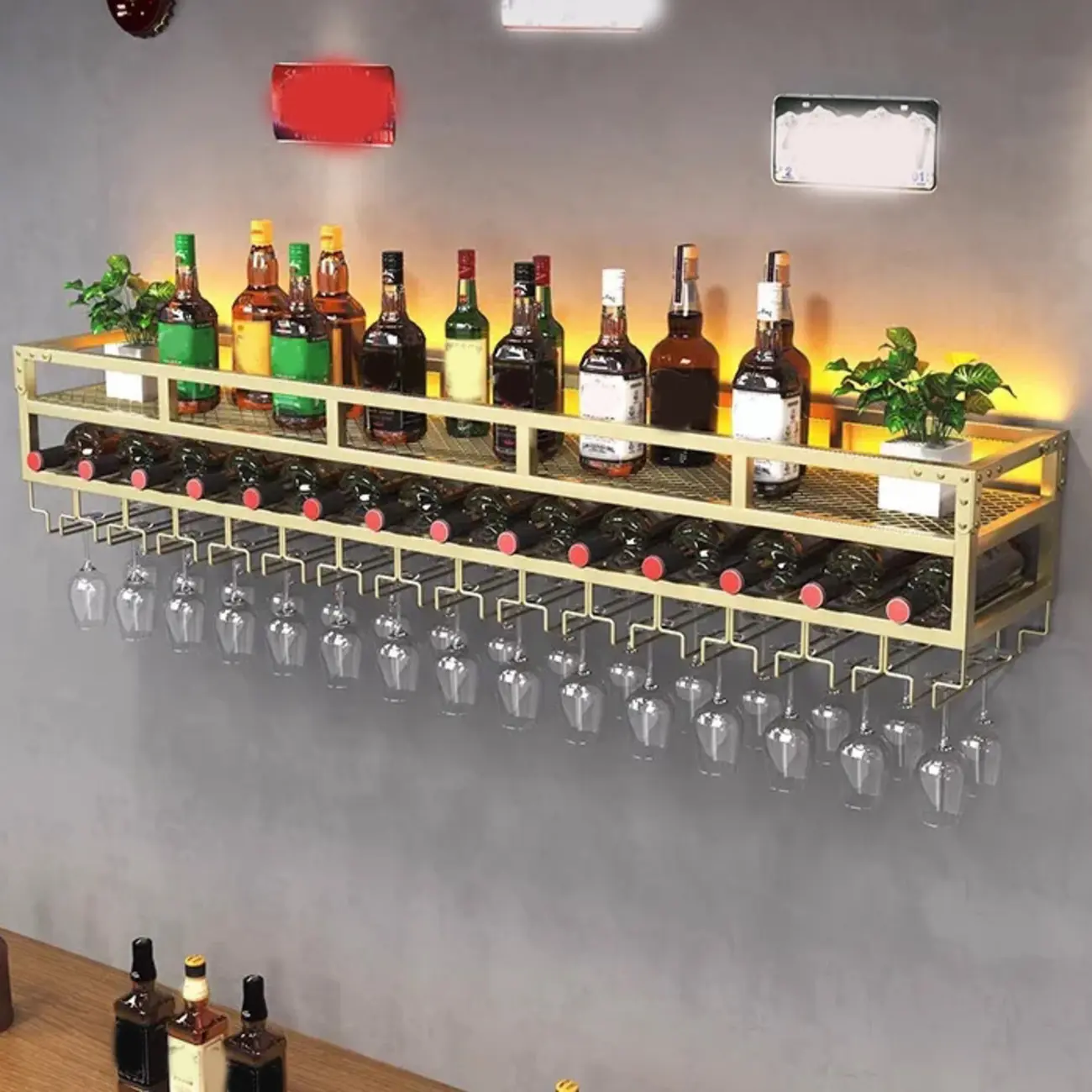 Gold Wall-Mounted Metal Wine Bottle & Glass Rack Image - 1 | homeyfad