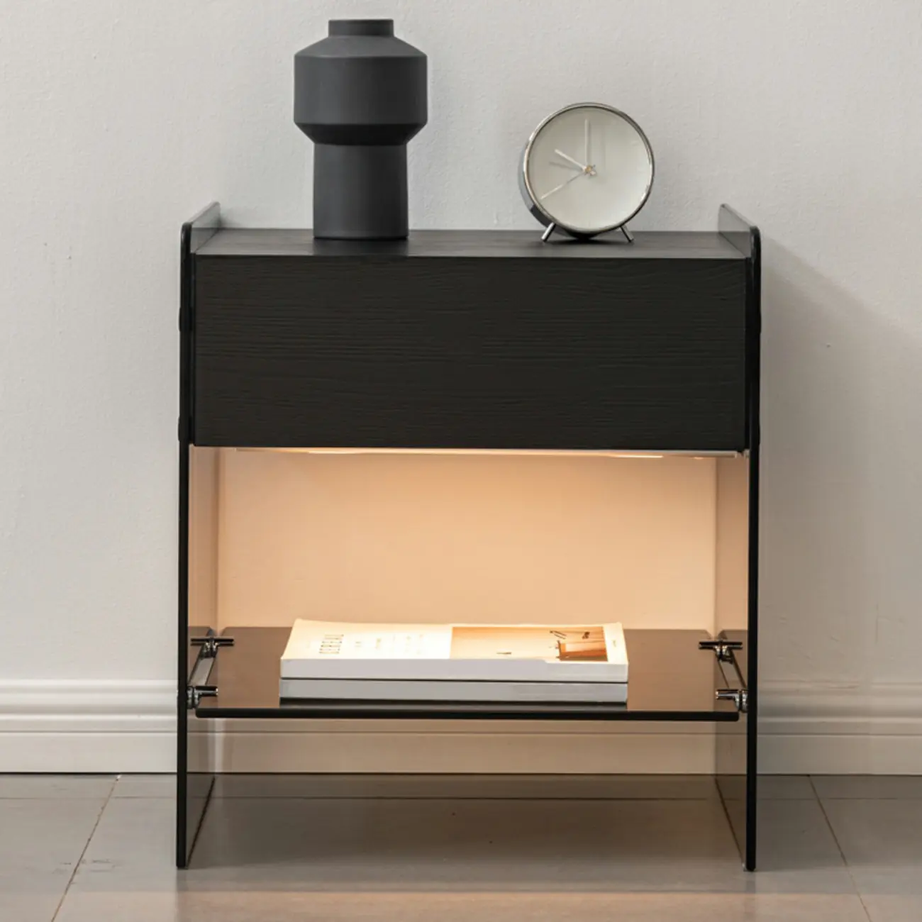 Black 2-Tier Glass Shelf Drawer Storage Narrow Nightstand Image - 2 | homeyfad