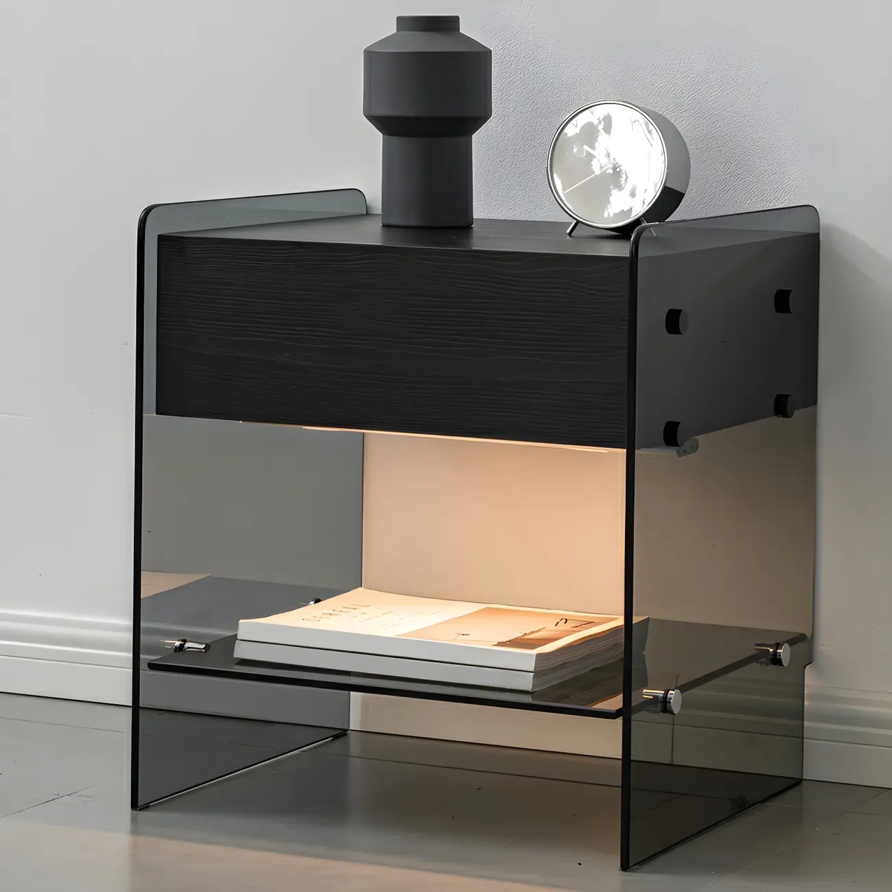 Black 2-Tier Glass Shelf Drawer Storage Narrow Nightstand Image - 1 | homeyfad