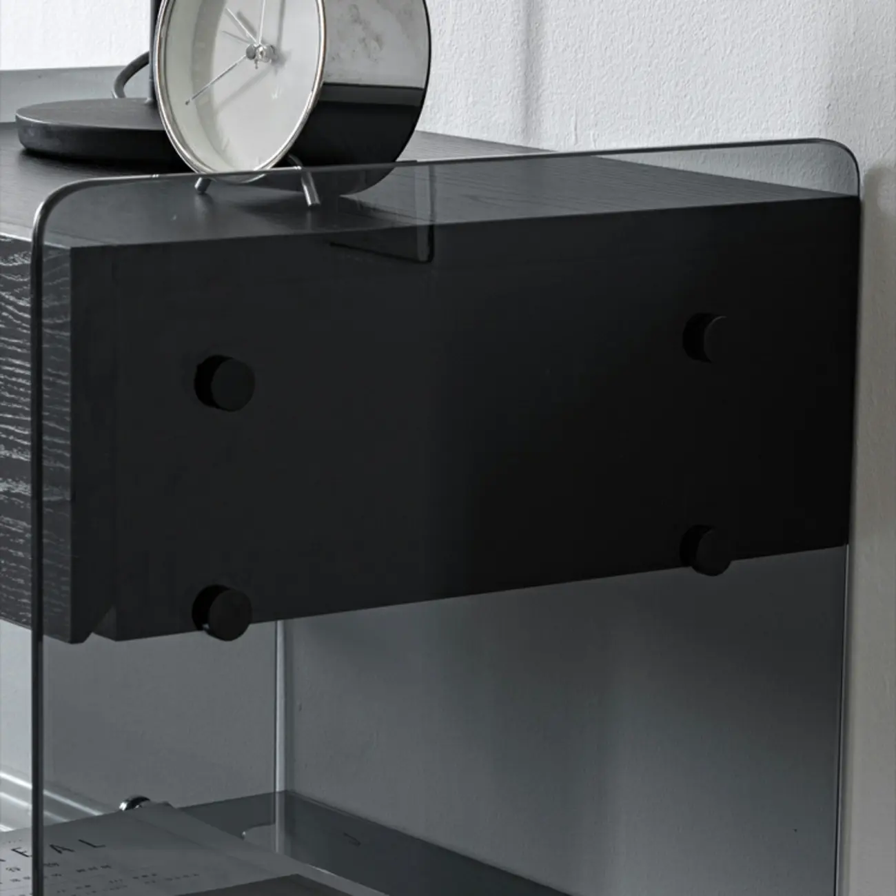 Black 2-Tier Glass Shelf Drawer Storage Narrow Nightstand Image - 12 | homeyfad